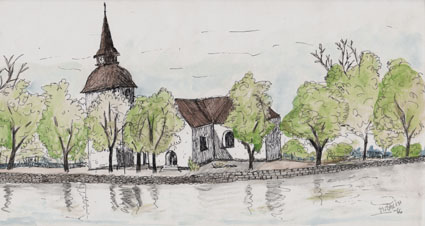 Tusch/akvarell stadsmotiv.